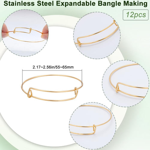 12Pcs Gold Expandable Bangle Adjustable Wire Bracelets Stainless Steel Blank Met