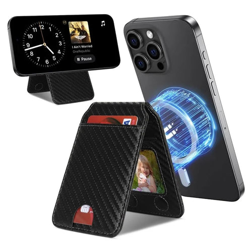 Black magnetic wallet card holder with carbon fiber texture