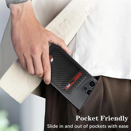 Black magnetic wallet card holder with carbon fiber texture