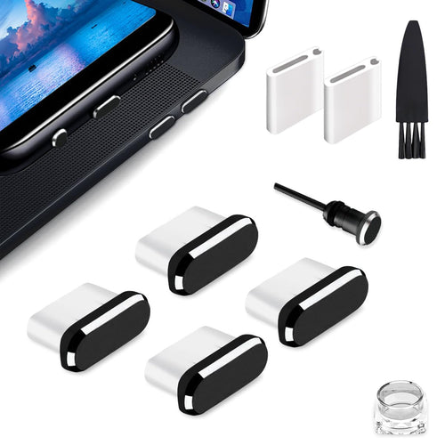 Dust Plug 4 Pack with Cleaning Brush & Storage Box — Anti-Lost Type C Port Prote