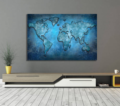 World Map Canvas, Blue Abstract World Map Canvas Wall Art, Earth Map, World Map