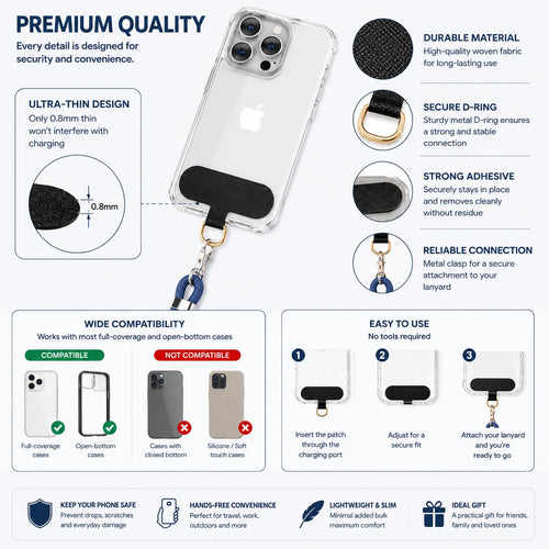 Phone Lanyard Patch Tether Tab, Ultra-Thin 0.8mm Universal Phone Case Attachment, Hands-Free Neck Strap Adapter, 7kg Load Capacity, Blue