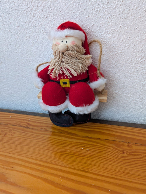 Swinging Santa Ornament from Unknown - Holiday Decor (Fabric, Faux Fur, Wood, String Ornament, Rustic, Handmade, Folk Art, Red, White, Wood)