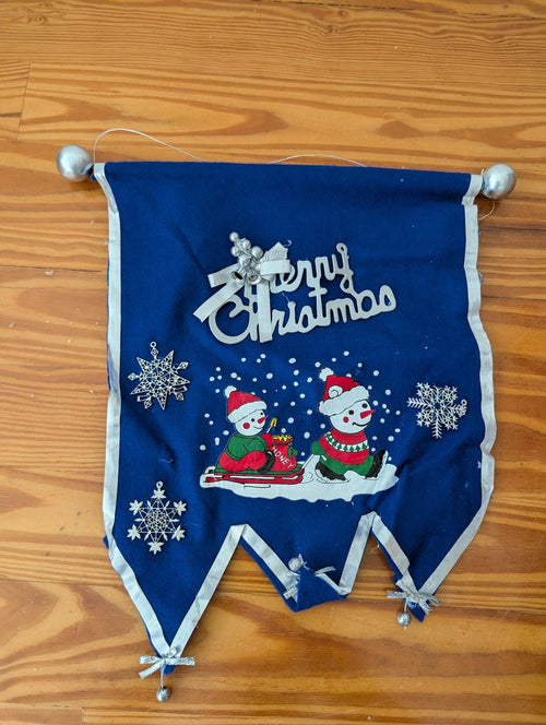 Vintage Felt Snowman Banner from Unknown - 1970s Holiday Decor (Felt, Plastic Wall Banner, Vintage, Retro, Kitsch, Blue, White, Silver)