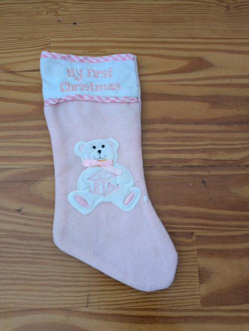 "My First Christmas" Bear Stocking from Unknown - Linens (Felt, Fabric Stocking, Baby's First Christmas, Nursery, Pink, White)