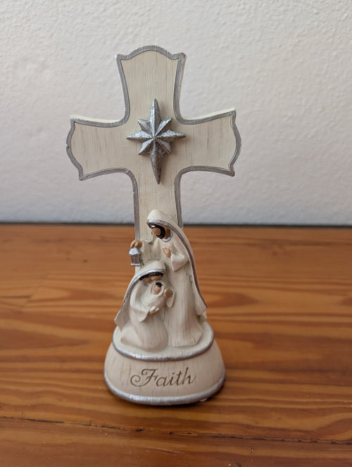 "Faith" Nativity Cross from Unknown - Holiday Decor (Resin Figurine / Decor, Religious, Traditional, Cream, Silver)