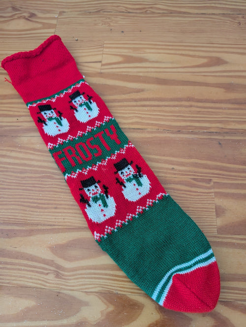 "FROSTY" Knitted Stocking from Unknown - Linens (Wool or Acrylic Yarn Stocking, Traditional, Kids, Red, Green, White, Black)