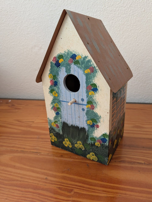 Hand-Painted Floral Birdhouse from Unknown - Garden Decor (Wood, Metal, Paint Birdhouse, Cottagecore, Folk Art, Cream, Blue, Multicolor)
