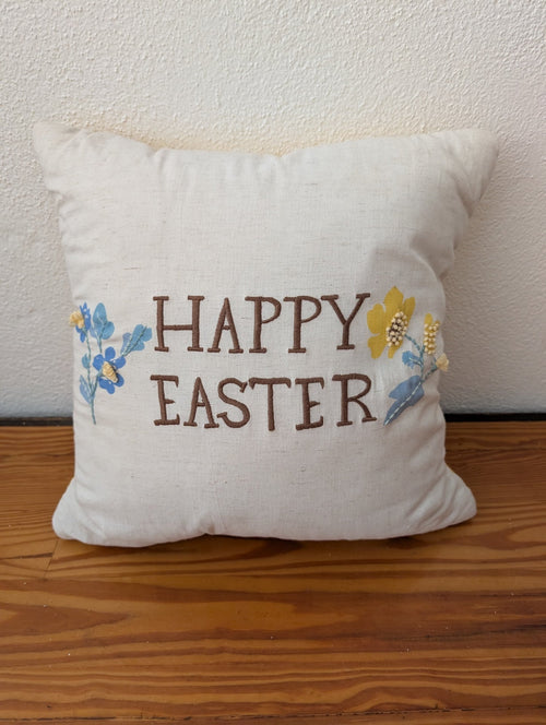 "Happy Easter" Pillow from Unknown - Home Decor (Linen Blend, Embroidery Floss Decorative Pillow, Farmhouse, Cottagecore, Easter, Off-white, Brown, Blue, Yellow)