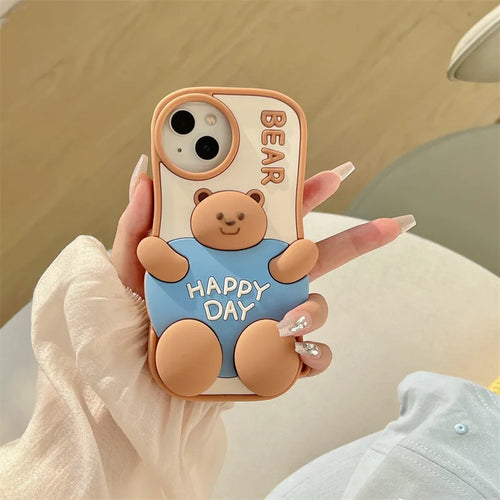 3D Cute Cartoon Fat Bear Silicone Telescopic Bracket Phone Case For iPhone
