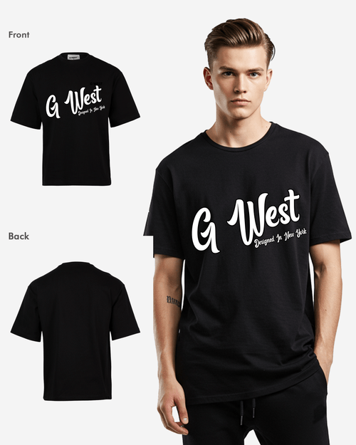 G West Mens Oversized Cursive Logo Black Tee