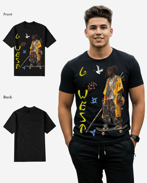 G West Regular Fit Black Samurai Front Graphic T Shirt : Gwpbast5056 - 3 Colors