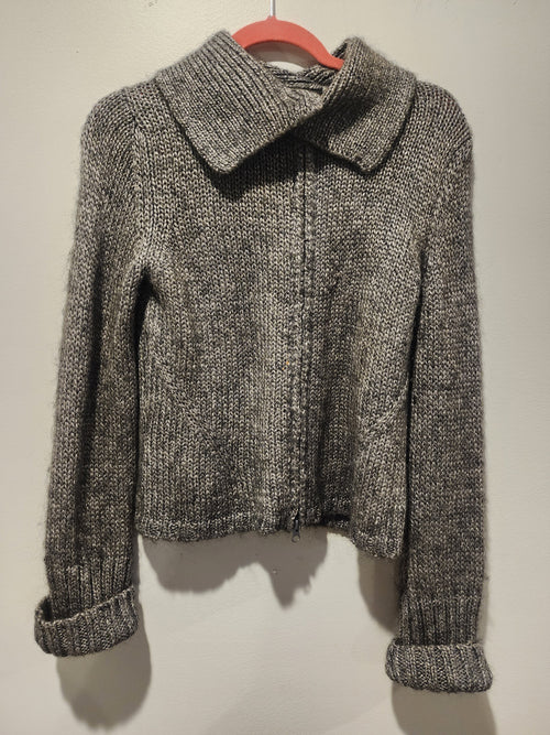 Express Vintage Gray Knit Sweater Jacket L Zipper Cropped Marled Wool Blend