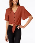 Gypsies & Moondust Juniors Buttoned Tie-Front Camp Shirt