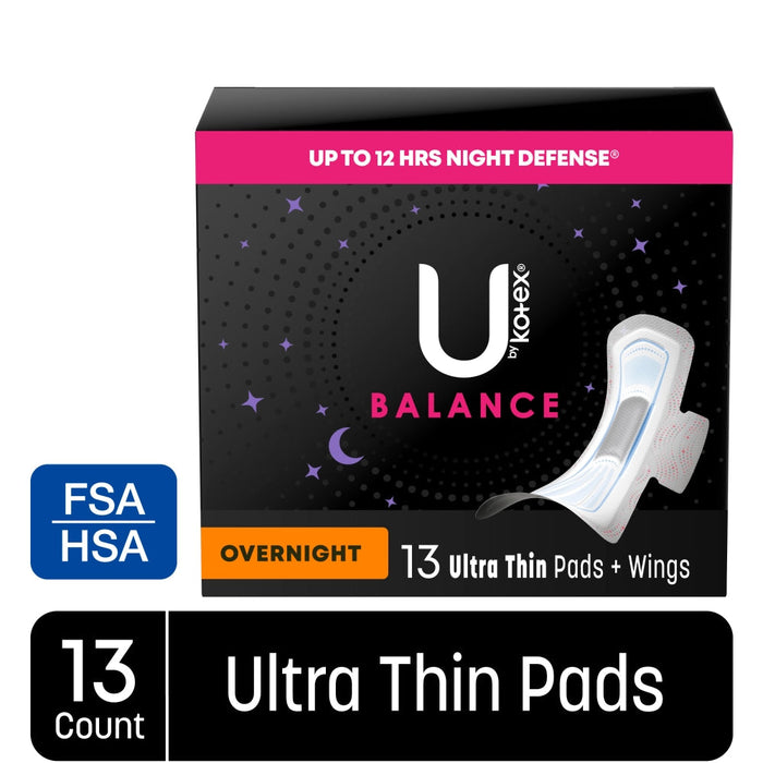 U by Kotex Balance Ultra Thin Overnight Pads with Wings, 13 Count