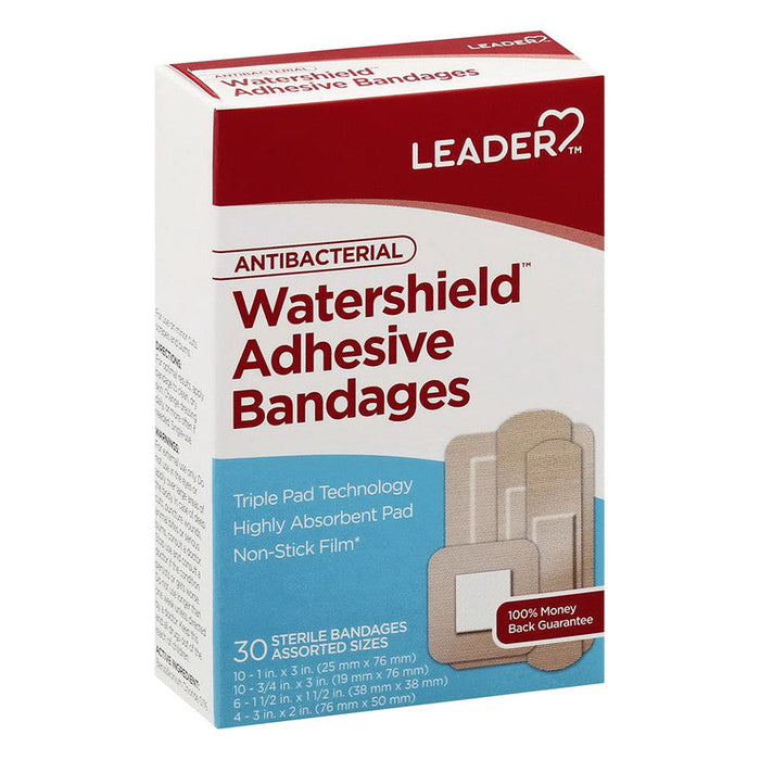 Leader™ Antibacterial Watershield Adhesive Bandages – Assorted Sizes (30 Count)
