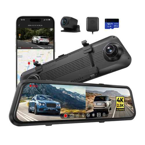 M4 2CH Mirror Dash Cam, 4K+2.5K, 12" IPS Touchscreen