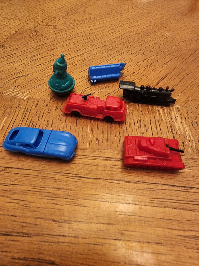Vintage Miniature plastic toys jaguar, firetruck, train, tank & Roly Poly Clown