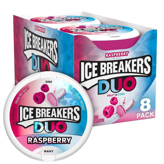 Ice Breakers Duo Raspberry Sugar-Free Mints, 1.3 oz Tins, 8 Count Box
