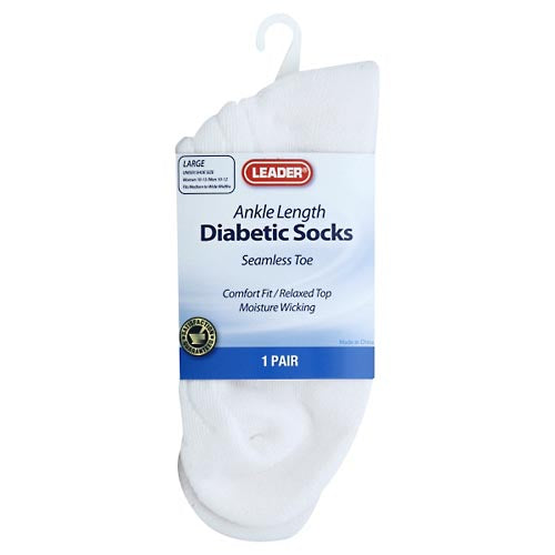 Leader™ Diabetic Ankle Socks – White, Size Large (1 Pair)