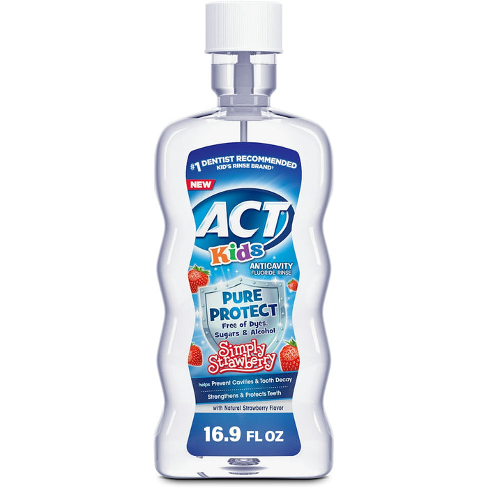 ACT Kids Anticavity Fluoride Rinse, Pure Protect Strawberry, 16.9 fl oz – Alcohol-Free & Dye-Free