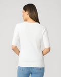 Cable and Gauge White Short Elbow Sleeve Crewneck Sweater, Size Medium