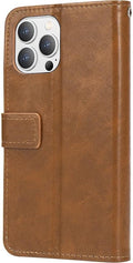 iPhone 14 Pro Max Protection Kit Bundle - Leather Folio Wallet Case with Tempered Glass Screen and Camera Protector (Brown)