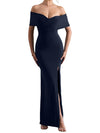 LAGSHIAN Women's Bodycon Off Shoulder Ruched Split Hem Dress Navy Size S