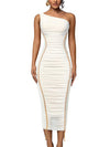 LAGSHIAN Women's Sexy Bodycon One Shoulder Mesh Ruched Midi Dress White Size L