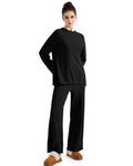 SUUKSESS Women Lounge 2PC Pajama Set Long Sleeve Top Wide Leg Pants Black M