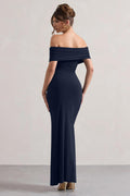 LAGSHIAN Women's Bodycon Off Shoulder Ruched Split Hem Dress Navy Size S
