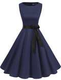 Gardenwed Womens Vintage Swing Dress Sleeveless Boatneck Cocktail Royal Blue XL