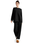 SUUKSESS Women Lounge 2PC Pajama Set Long Sleeve Top Wide Leg Pants Black M
