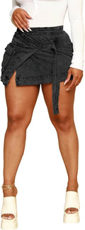 HTD Women's Sexy Mini Denim Skirt Irregular Pockets Dark Grey Size XXL