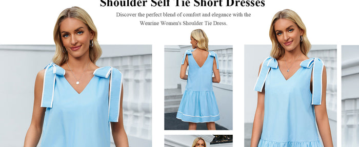 Wenrine Womens Summer VNeck Mini Dress Tie Shoulder Sleeveless Light Blue Size M