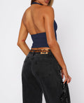 TiulZial Womens Backless Halter Crop Tank Top Navy Blue Size M