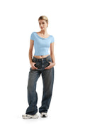 SUUKSESS Women Off Shoulder Cowl Neck Short Sleeve Top Light Blue Size M