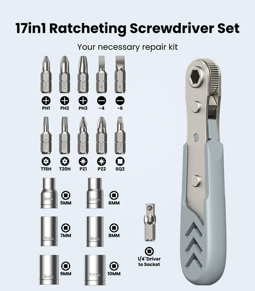 17in1 Right Angle Ratcheting Screwdriver Set, [Bearing Steel] 36-Tooth Mini Ratc
