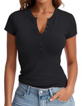 Prettywear Womens Summer Casual V Neck Button Up Top Black Size M