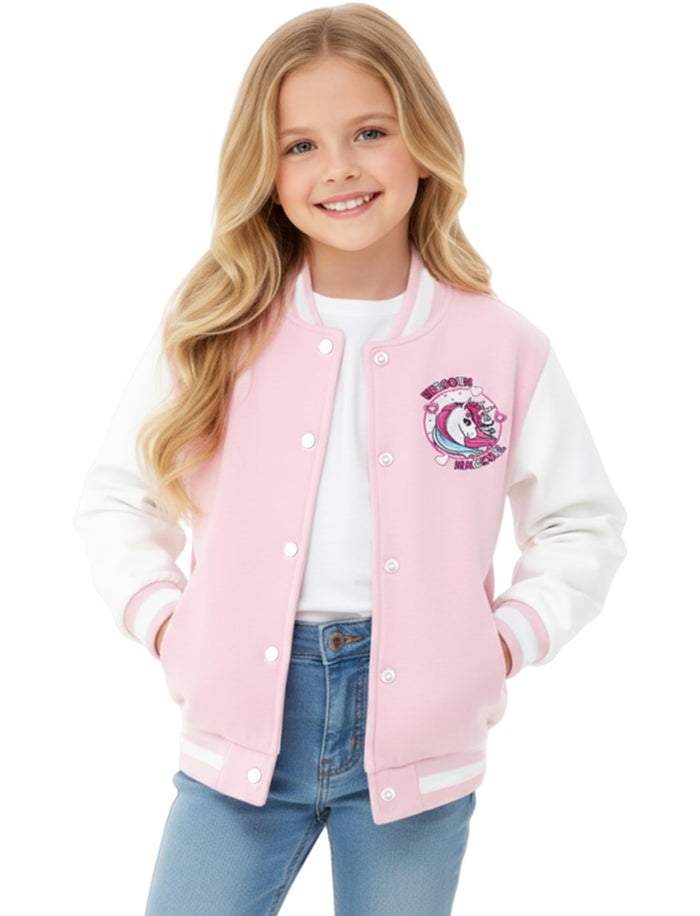 PATPAT Girls Varsity Baseball Jacket Light Pink Unicorn Coat Size 4-5T