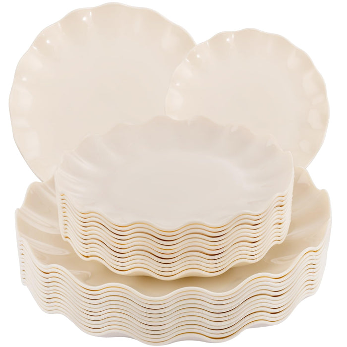 LIYH 24 Pcs Plastic Plates Reusable Scalloped Beige BPA Free 12 Guests