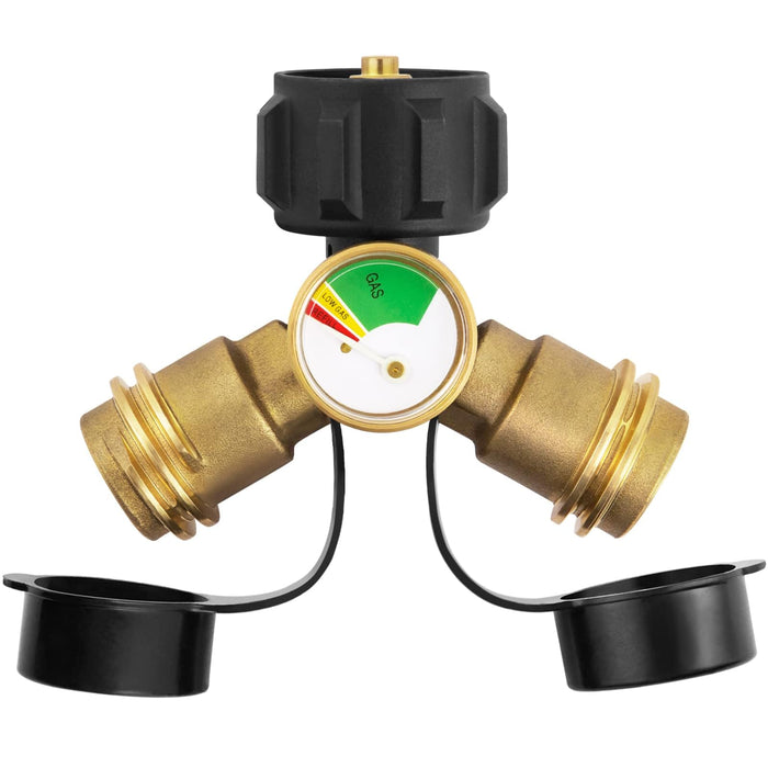 GASPRO Propane Splitter & Gauge, 2-Way for 5-20LB Tanks, Heaters, Stoves, Grills