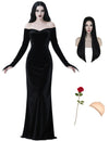 QUJQOM Halloween Gothic Dress Black V-neck Red Rose Wig Size L