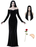 QUJQOM Halloween Gothic Dress Black V-neck Red Rose Wig Size L