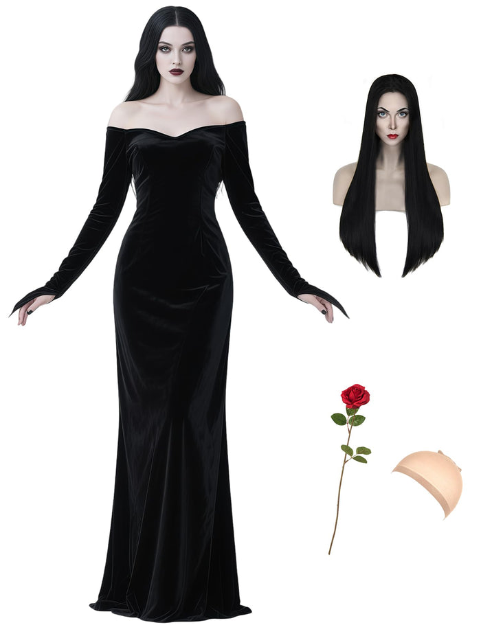 QUJQOM Halloween Gothic Dress Black V-neck Red Rose Wig Size L