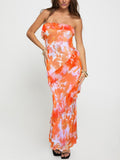 Oumrdeo Women's Strapless Floral Orange Maxi Dress Size L