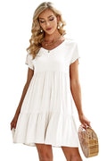 Fangetey Women's V-Neck Button Down Tunic Dress Short Sleeve White Size S