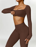 AGYMNX 2pc Workout Set Women Long Sleeve Crop Top High Waist Leggings Brown M