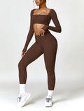 AGYMNX 2pc Workout Set Women Long Sleeve Crop Top High Waist Leggings Brown M