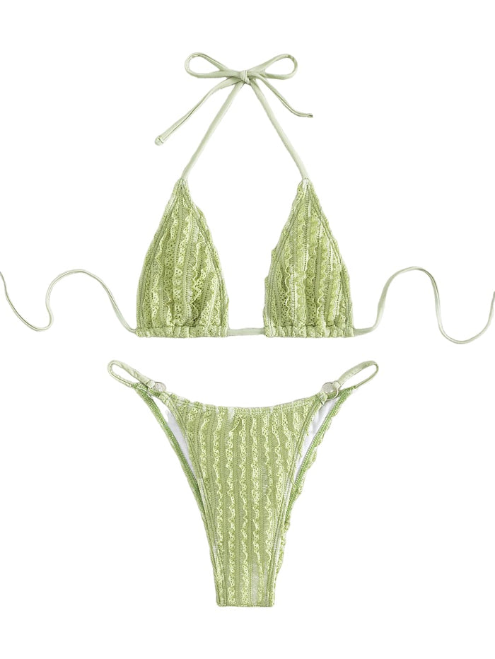 GORGLITTER Women's Lace Bikini Set Halter Triangle Thong Green Frill Size XL